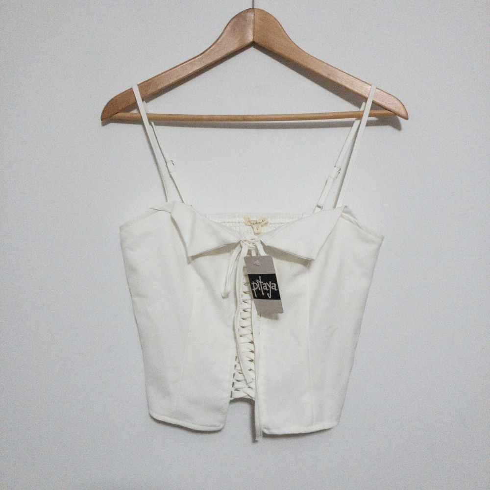 Pitaya Lace Up Smock Back Tank Top Womens Large White Spaghetti Strap Crop‎